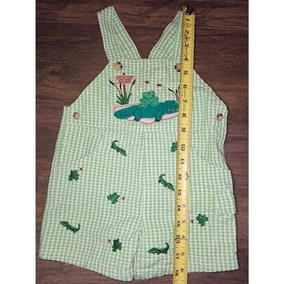 GoodlLad Infant Baby Overall Jon Jon Green & White Check w/Emroidered Frogs Size - Picture 2 of 5